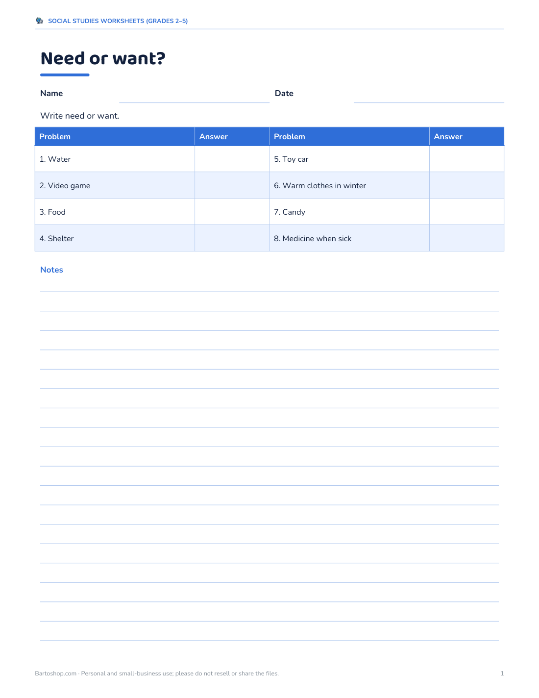 Preview of the first page of Needs and wants